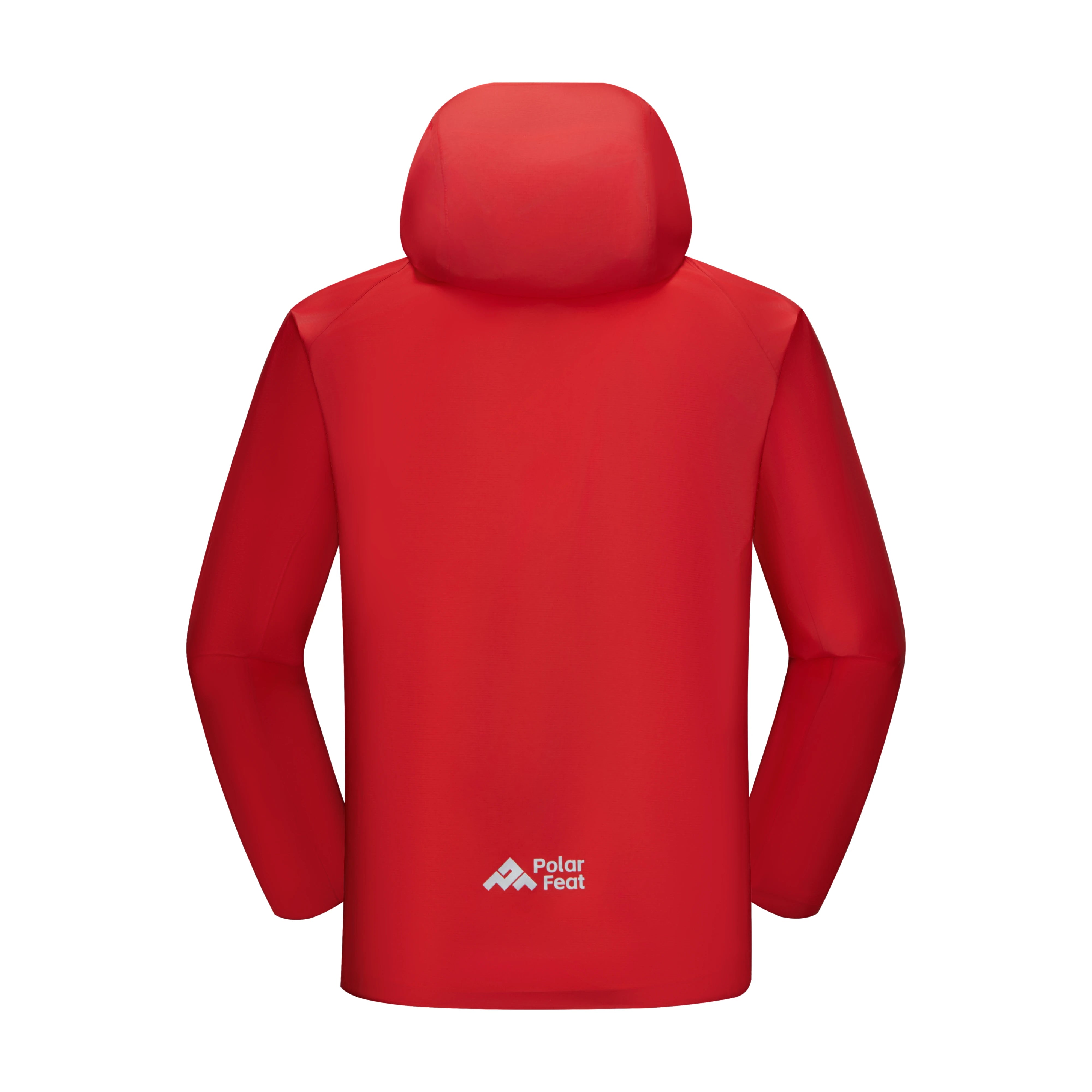Red jacket with a hood on a white background, featuring the Polar Feet logo.