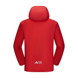 Red jacket with a hood on a white background, featuring the Polar Feet logo.