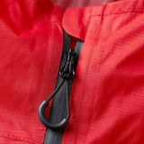 Close-up of a red jacket with a black zipper